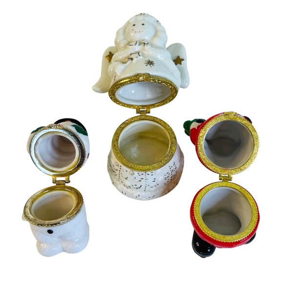 Christmas Trinket Box Set Snowman Angel Santa Hinged Ceramic Gift Box Figurine - Picture 2 of 8